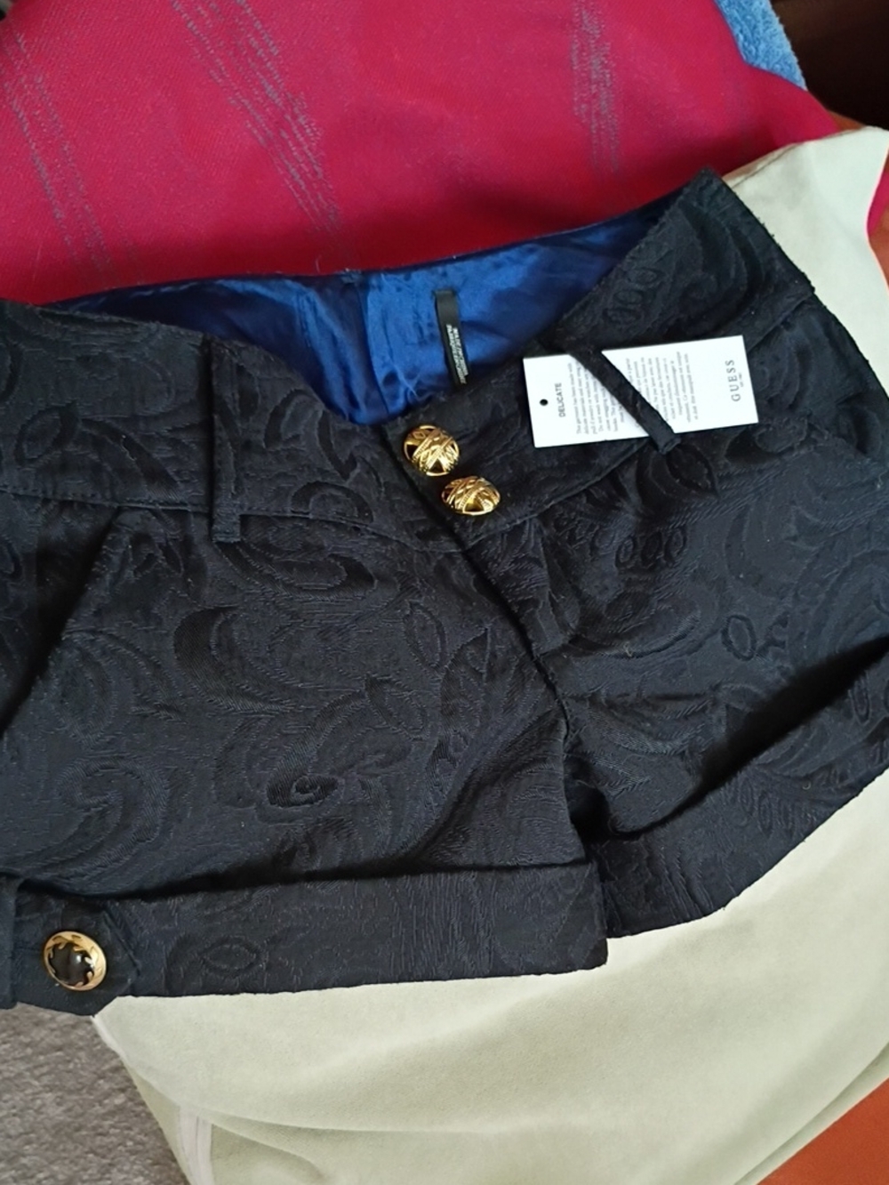 GUESS Black Jacquard Low-Waist Shorts with Gold Buttons dressy